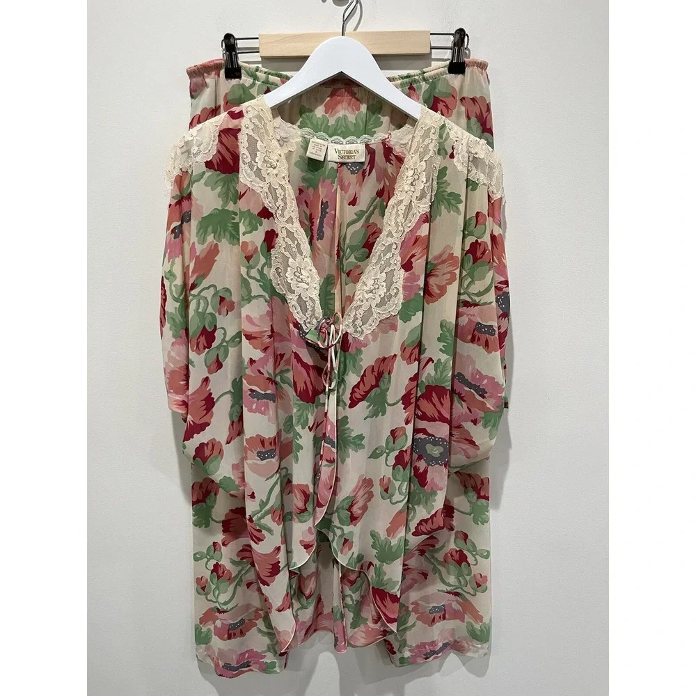Vtg Victoria's Secret Kimono Pant Set Sz S Oversized‎ Gold Label Floral Sheer